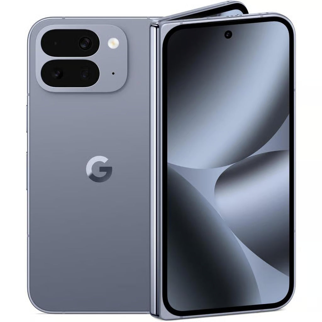 A Refurbished Google Pixel 10 Pro Fold smartphone in Blue color, displayed over a white background.